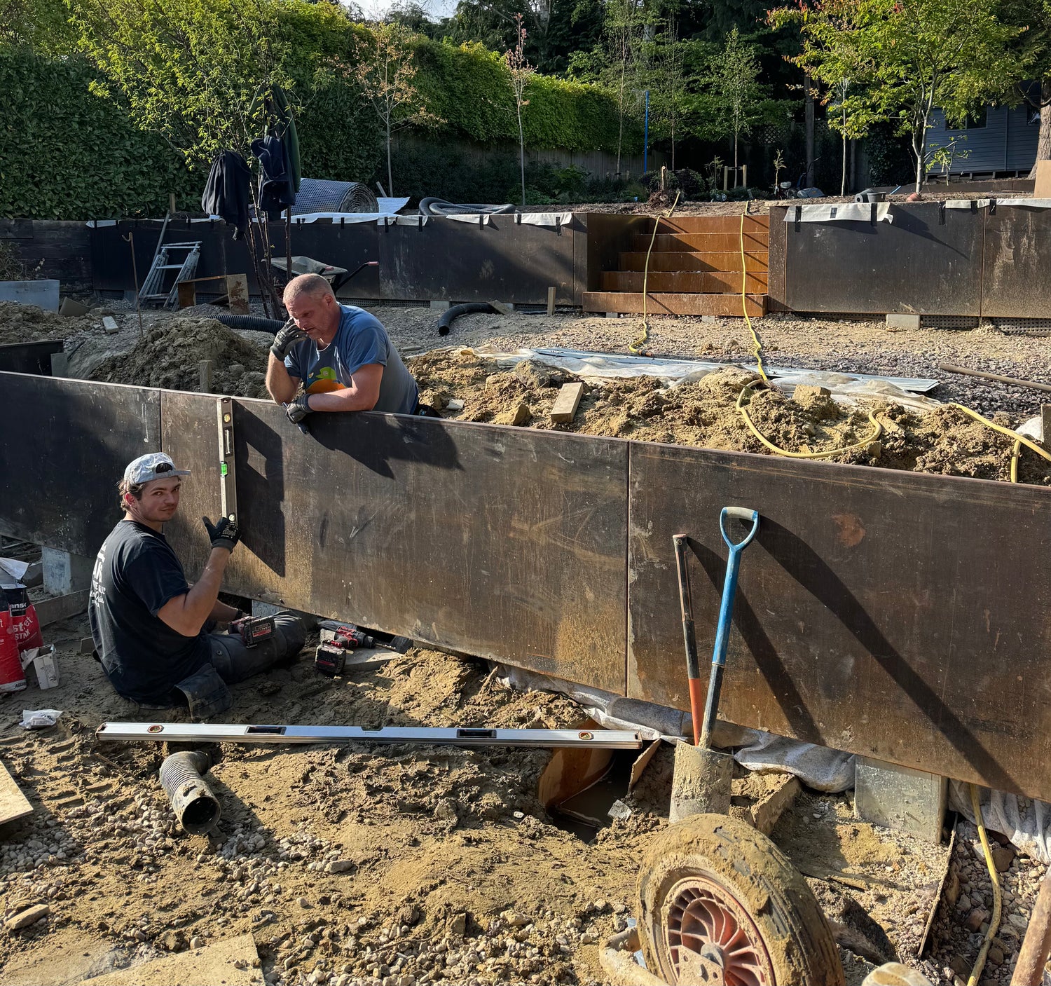 Corten steel retaining wall under construction