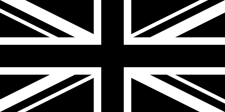 Black and white Union Jack flag of the United Kingdom