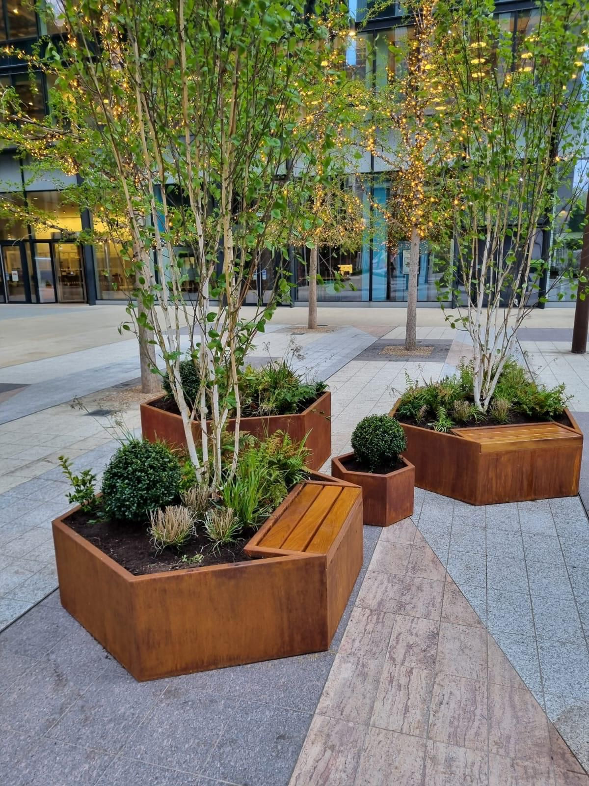 Hexagonal corten steel bench planters in Canary Wharf with trees and plants growing out